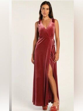NWT Lulu's Deep Dusty Rose Velvet Maxi Wrap‎ Dress, size L